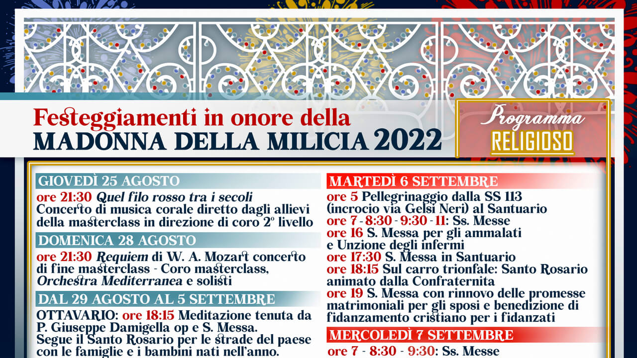 Il Programma religioso della festa della Madonna della Milicia 2022